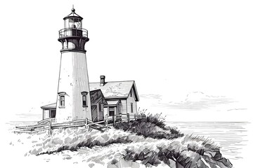 lighthouse sketch, black and white illustration in pencil hand drawn style.