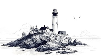 lighthouse sketch, black and white illustration in lithograph style.