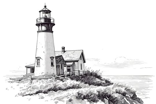 lighthouse sketch, black and white illustration in pencil hand drawn style.