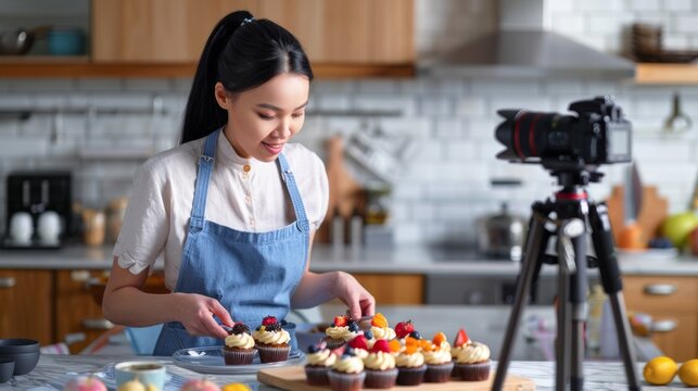 The woman decorating cupcakes