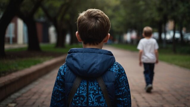Autism awareness concept. Autistic boy with tutor outsibe while walking. Autism child supportive socialization activities.