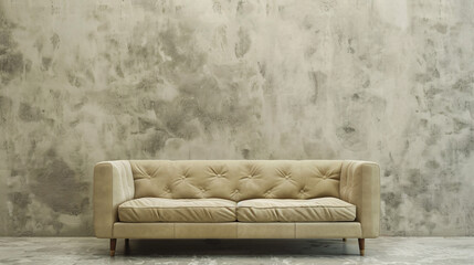 Beige sofa against textured concrete wall. A modern, minimalist interior featuring a beige sofa set against a textured concrete wall.