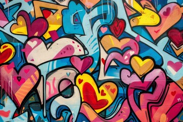 Graffiti art on a wall with hearts and other colorful designs