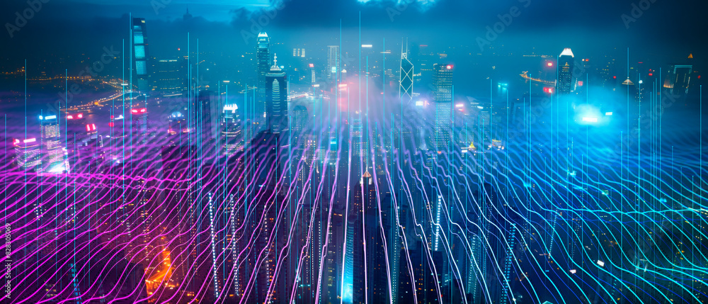 Poster a futuristic cityscape with glowing digital lines, set against a night sky with an abstract concept 