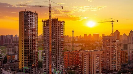 Construction of new residential high-rise buildings. Against the background of a yellow sunset sky, crane, architecture, industrial, development, tower