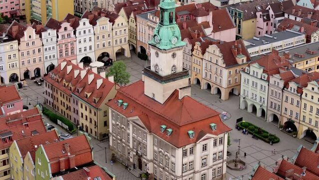 Captivating drone footage of Jelenia Gora's historic market square, Lower Silesia.