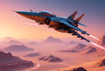 Cyberpunk harrier jet fighter in a combat scenario