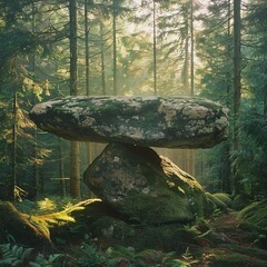 "Mossy Boulder Resting in a Forested Landscape"