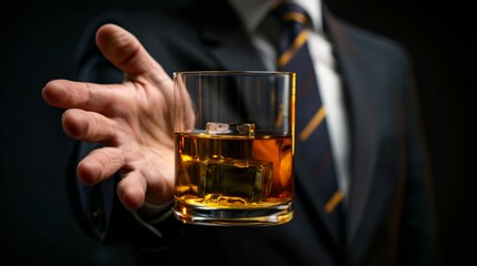 man refuses say no and avoid to drink an alcohol whiskey , stopping hand sign male, alcoholism treatment, alcohol addiction, quit booze, Stop Drinking Alcohol. Refuse Glass liquor, unhealthy, reject