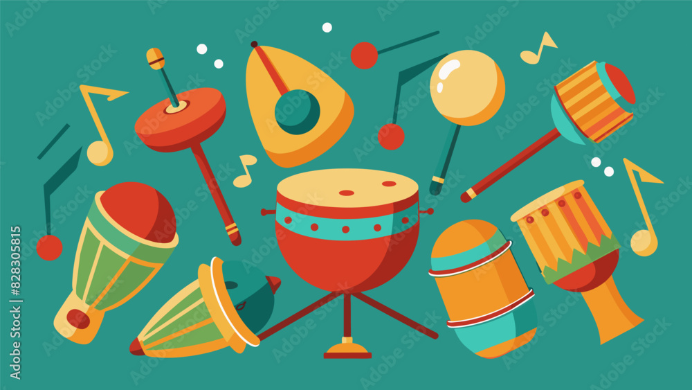 Poster a variety of percussion instruments such as drums and rattles create a sense of movement and flow he