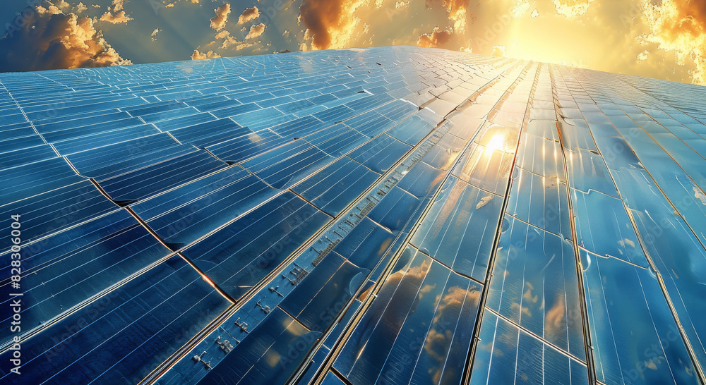 Poster a massive amount of solar panels spread over a plain, bird view. generative ai.