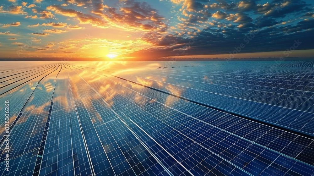 Poster a massive amount of solar panels spread over a plain, bird view. generative ai.