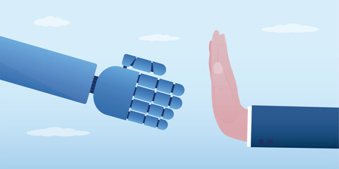 Man rejects robot handshake. Human hand shows gesture - stop. Human fear of new technologies. Ban of artificial intelligence and robotics.