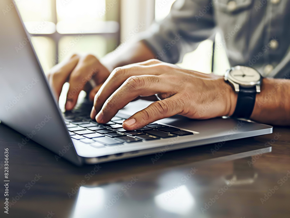 Poster close-up of hands typing on a laptop keyboard, concept of work or communication, blurred background.