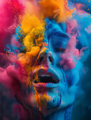 Obraz premium Vibrant abstract portrait with colorful powder splashes covering a face, creating a dynamic and artistic visual effect.