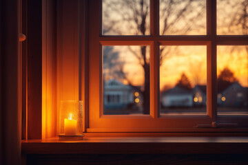 Fototapeta premium 3d rendering of Cozy evening view through a window with a candle on the sill, featuring a warm sunset ambiance and an inviting neighborhood scene.