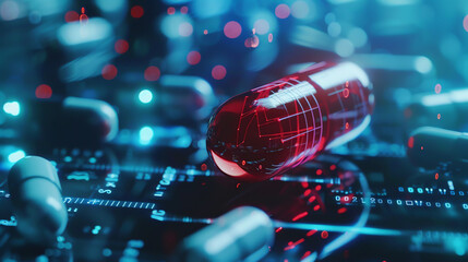 A red and white pill on a circuit board with other pills in the background.

