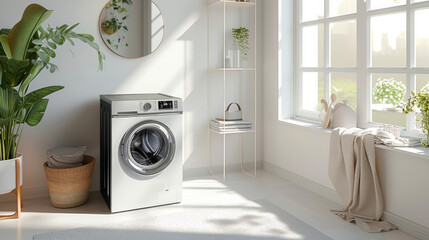 Gray washing machine is placed in the corner of an open space, with white cabinet with light...