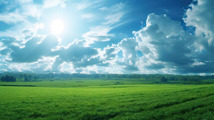 Obraz premium Green Field under Blue Skies: Tranquil Horizons