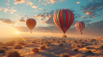 Obraz premium a group of hot air balloons flying over a canyon. Colourful hot air balloon floating over distant fields and meadows covered with fog on sunny sunrise.