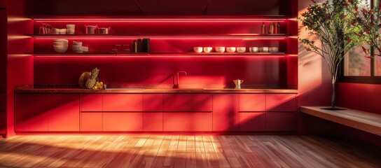 Minimalist red kitchen with red open shelving, oak wood floors, and simple, minimalist lighting fixtures for a clean and modern look