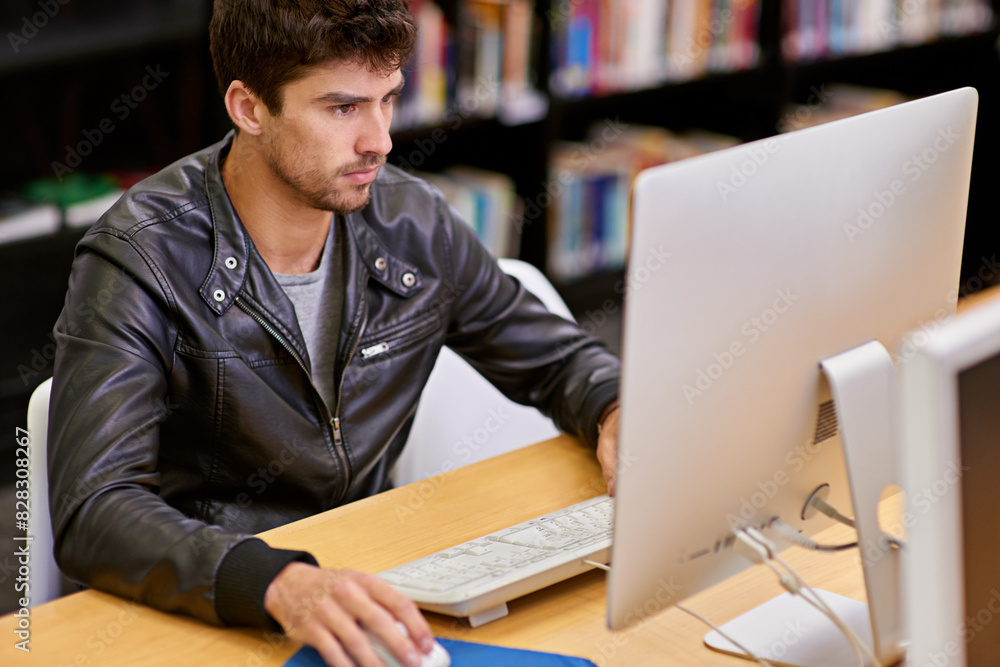 Aufkleber man, student and computer for online course, study and research for degree or diploma at college. ma