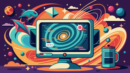 Obraz premium A retro-inspired design of a computer monitor with a swirling vortex representing the metaverse. 