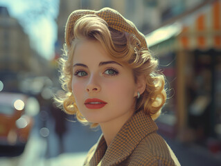 A vintage woman wearing a classic scarf, and luxury tan coat, stands on a city street. 