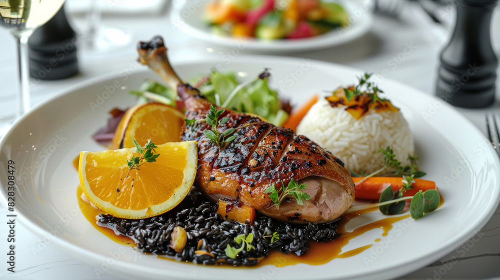 Wall mural A elegant dish featuring duck leg with black rice, orange juice sauce and lemon. The plate is placed on marble table, surrounded by fine dining utensils like silverware and wine glass. Generative AI. - Wall murals