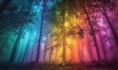 "Multicolored Rainbow Forest Under a Moonlit Sky"