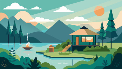 A serene lakeside getaway where you can immerse yourself in healing hot springs and nourish your body with organic farmtotable meals.. Vector illustration