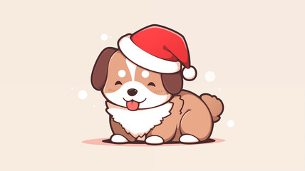 Hand drawn cartoon illustration of dog wearing santa hat
