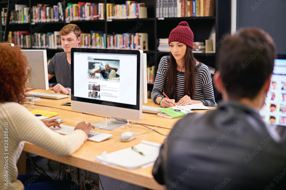 Poster Students, library and computer screen for study in university for higher education with notes or books at desk. People, research and scholarship with exams, textbook or online assignment or task.