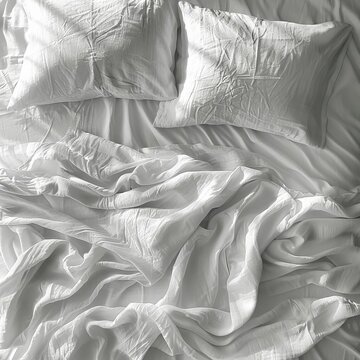Top-down view of an AI-Created messy disorderly bed with wrinkled white sheets and two pillows