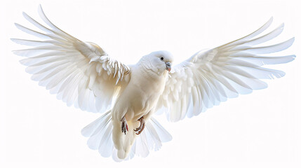 Obraz premium White dove in flight. Beautiful white dove with outstretched wings soaring against a pure white background, symbolizing peace, freedom, and spirituality.