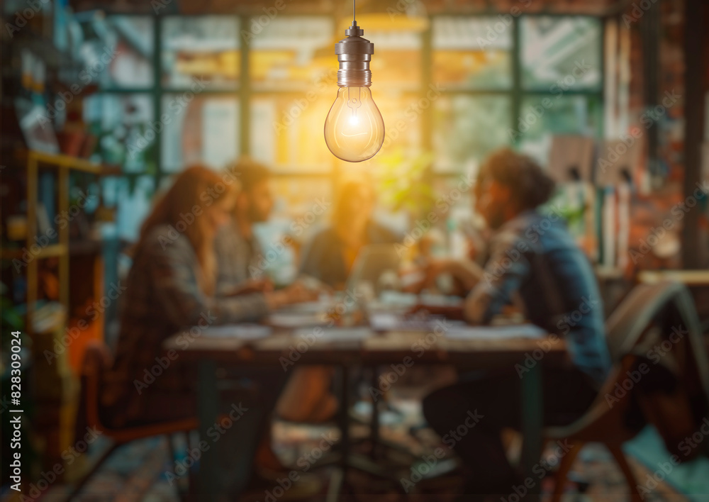Poster team meeting in a cozy cafe with a glowing lightbulb in focus, conveying a concept of innovation and