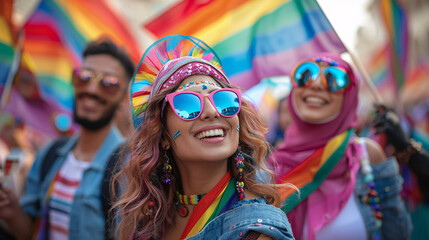 A woman wearing a rainbow outfit and sunglasses is smiling