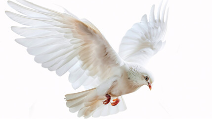 White dove in flight. A beautiful white dove with its wings spread in graceful flight, isolated on a clean white background.