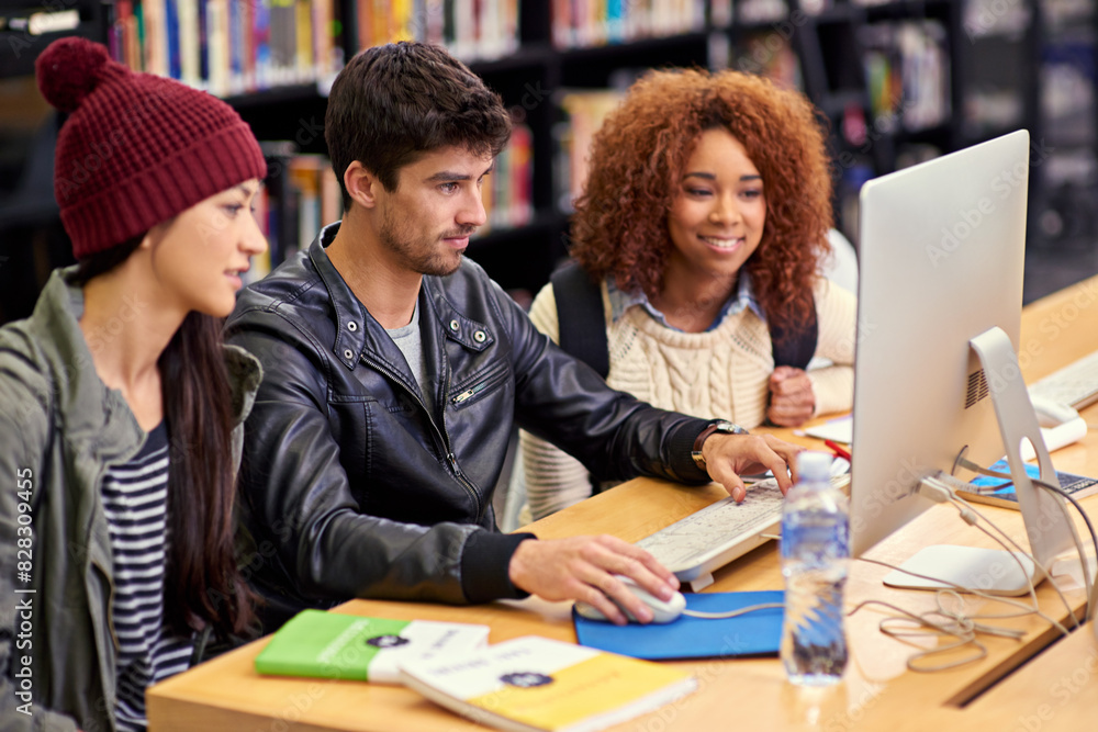 Poster Scholarship, education and students research for computer, test or assignment in library on campus. University, knowledge and friends learning in college project class with technology and information
