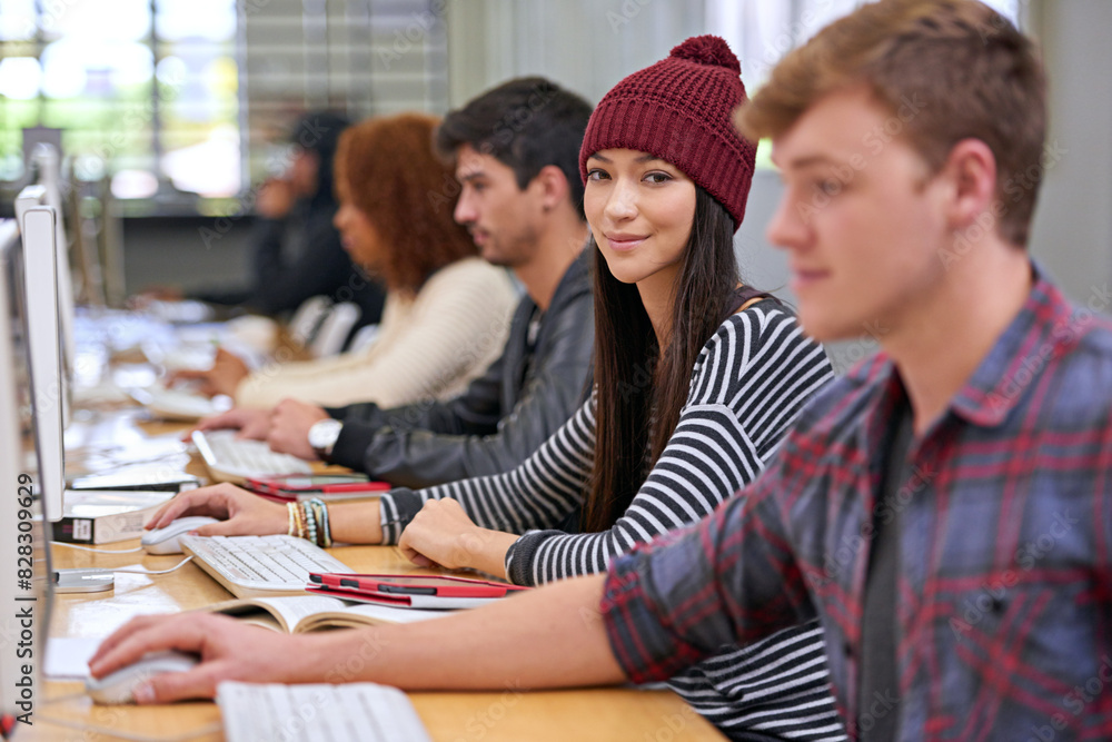 Poster Students, computer and portrait in library for study, education and university quiz with keyboard. People, technology and notes on school campus for college, research and learning with scholarship