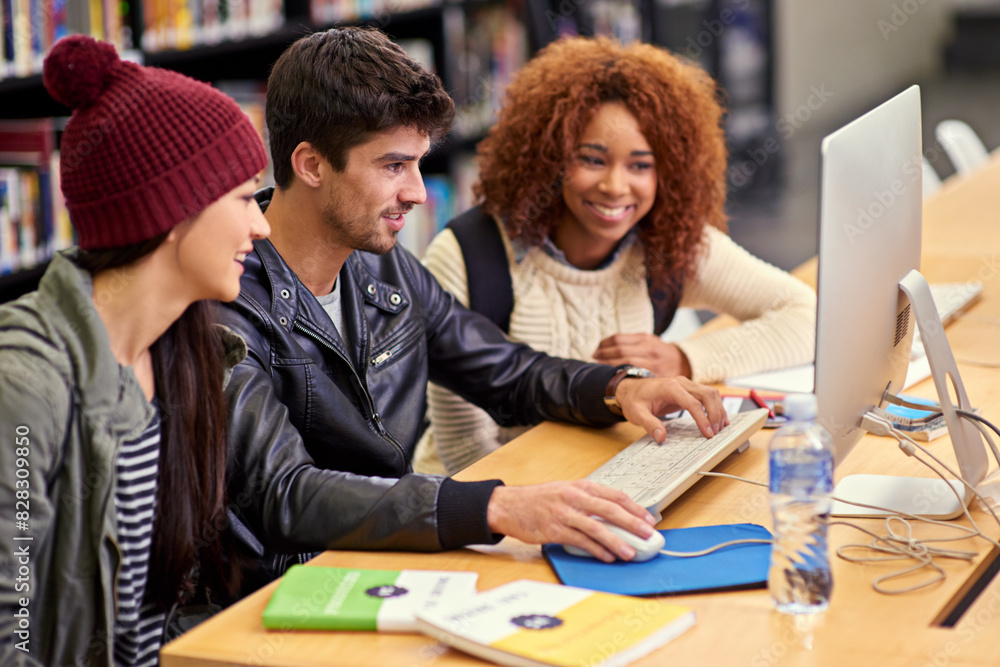 Poster Scholarship, knowledge and students research for computer, test or assignment in library on campus. University, education and friends learning in college project class with technology and information