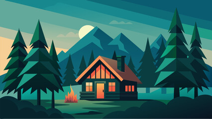 A secluded cabin nestled a towering pine trees with a crackling fire and the soothing sounds of nature all around.. Vector illustration