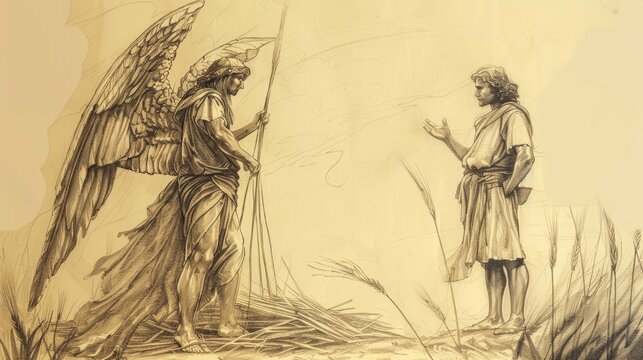 Angel Appears to Gideon, Mighty Warrior Call, Saving Israel, Biblical Illustration, Beige Background, Copyspace