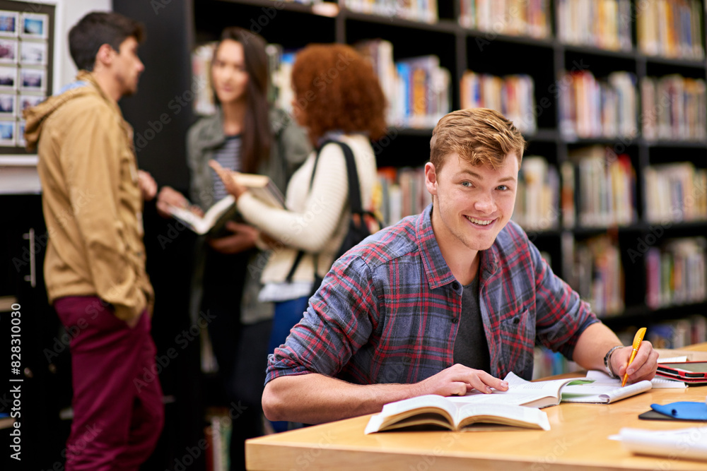 Aufkleber student, portrait and notebook in library for study, education and university quiz with pen on table