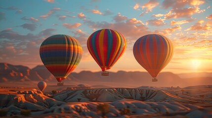 Obraz premium Beautiful Colorful Hot Air Balloons and dramatic clouds over the sand dunes in the Namib desert, Colorful hot air balloon flying over the mountain landscape. 4k hd background, abstract wallpaper