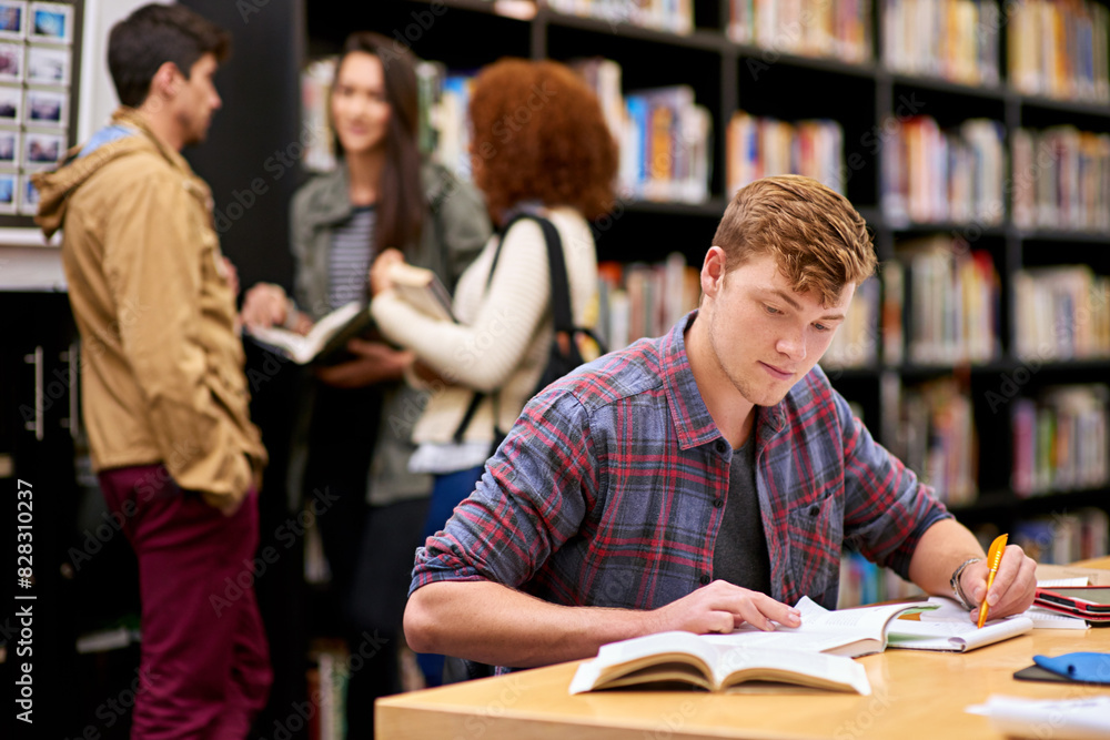 Poster Student, writing and notebook in library for study, education and university quiz with pen on table. Man, books and knowledge on school campus for college exam, research and learning with scholarship