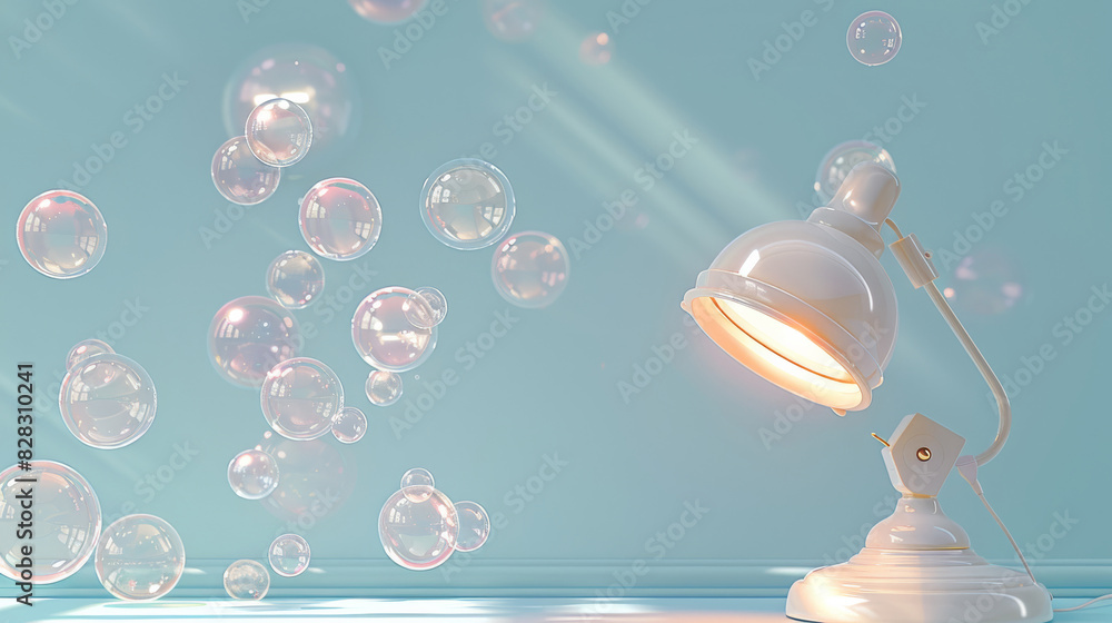 Poster bubbles of varying sizes float in the air, a dreamy feeling, and a small desk lamp emits a faint lig