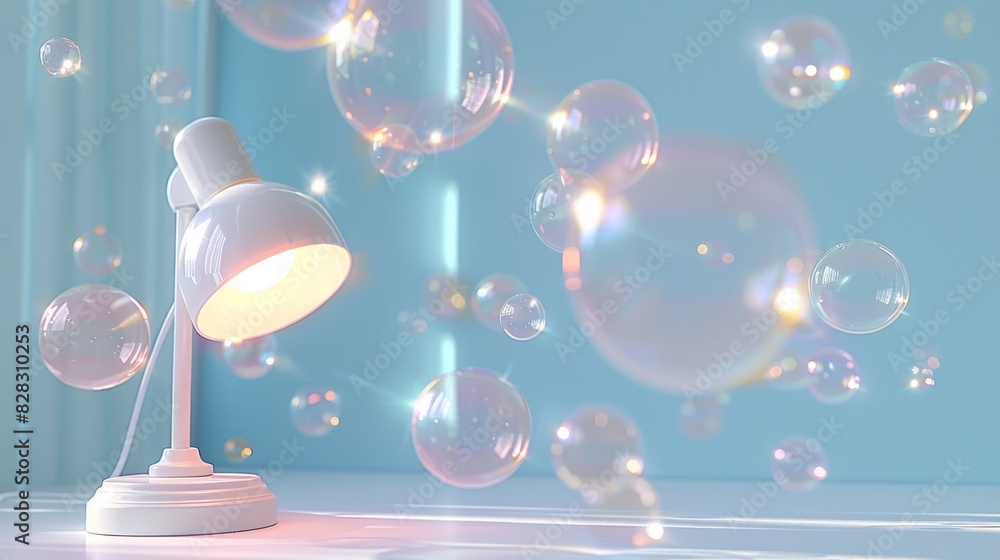 Aufkleber bubbles of varying sizes float in the air, a dreamy feeling, and a small desk lamp emits a faint lig