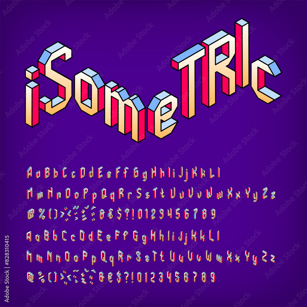 Poster 3d isometric letters alphabet font. letters numbers and diacritic symbols. uppercase and lowercase. 