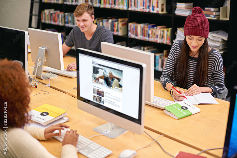 Poster Students, computer and books in library for study, education and university quiz with monitor screen. People, technology and notes on school campus for college, research and learning with scholarship